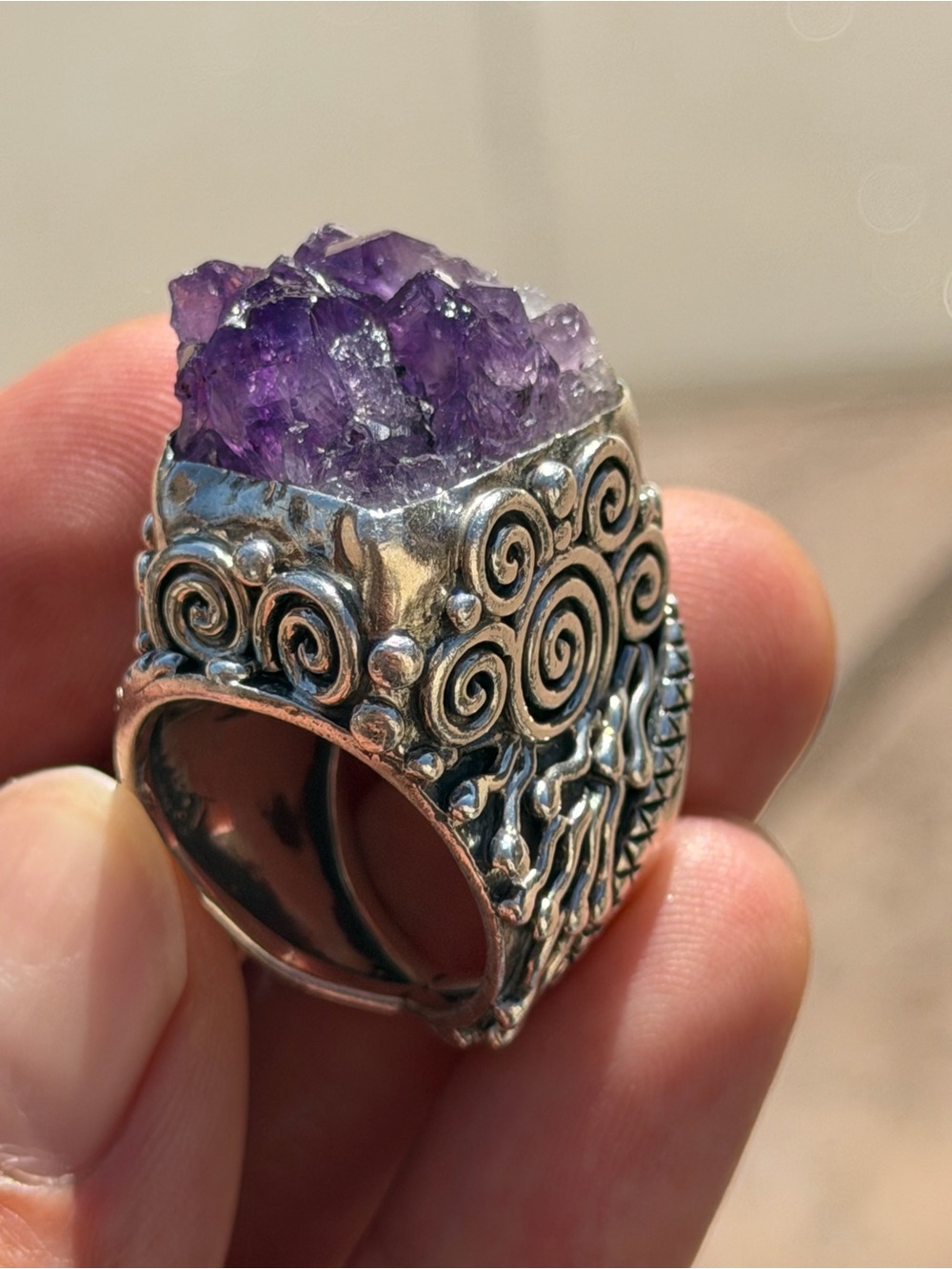 MEXICANA Purple Amethyst Cluster Ring in Silver Tone